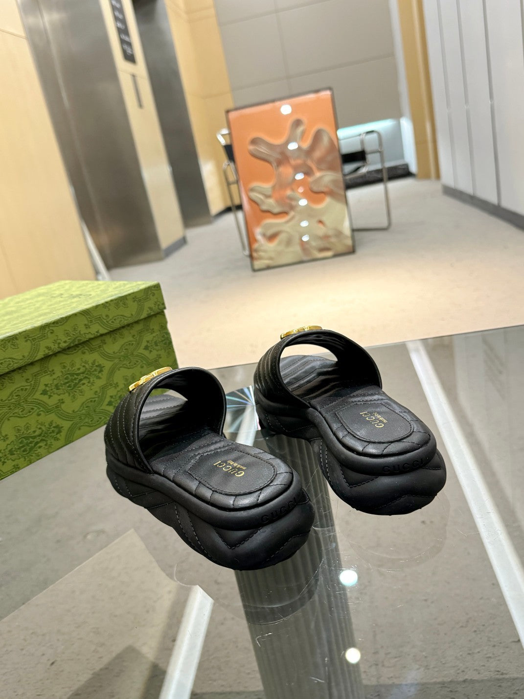 BLACK QUILTED LOGO SLIDE SANDALS