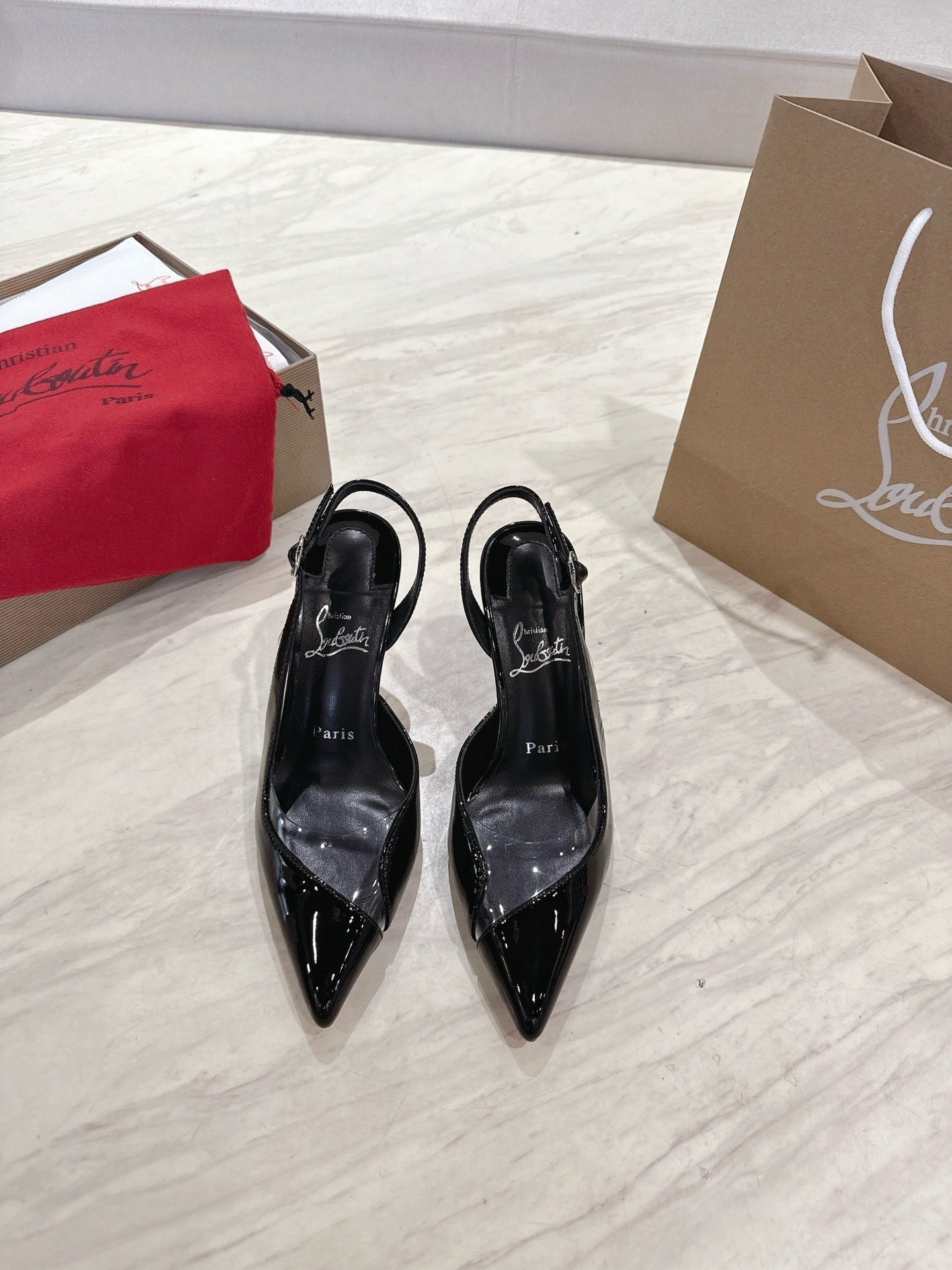 BLACK PATENT SLINGBACK HEELS WITH PVC DETAIL