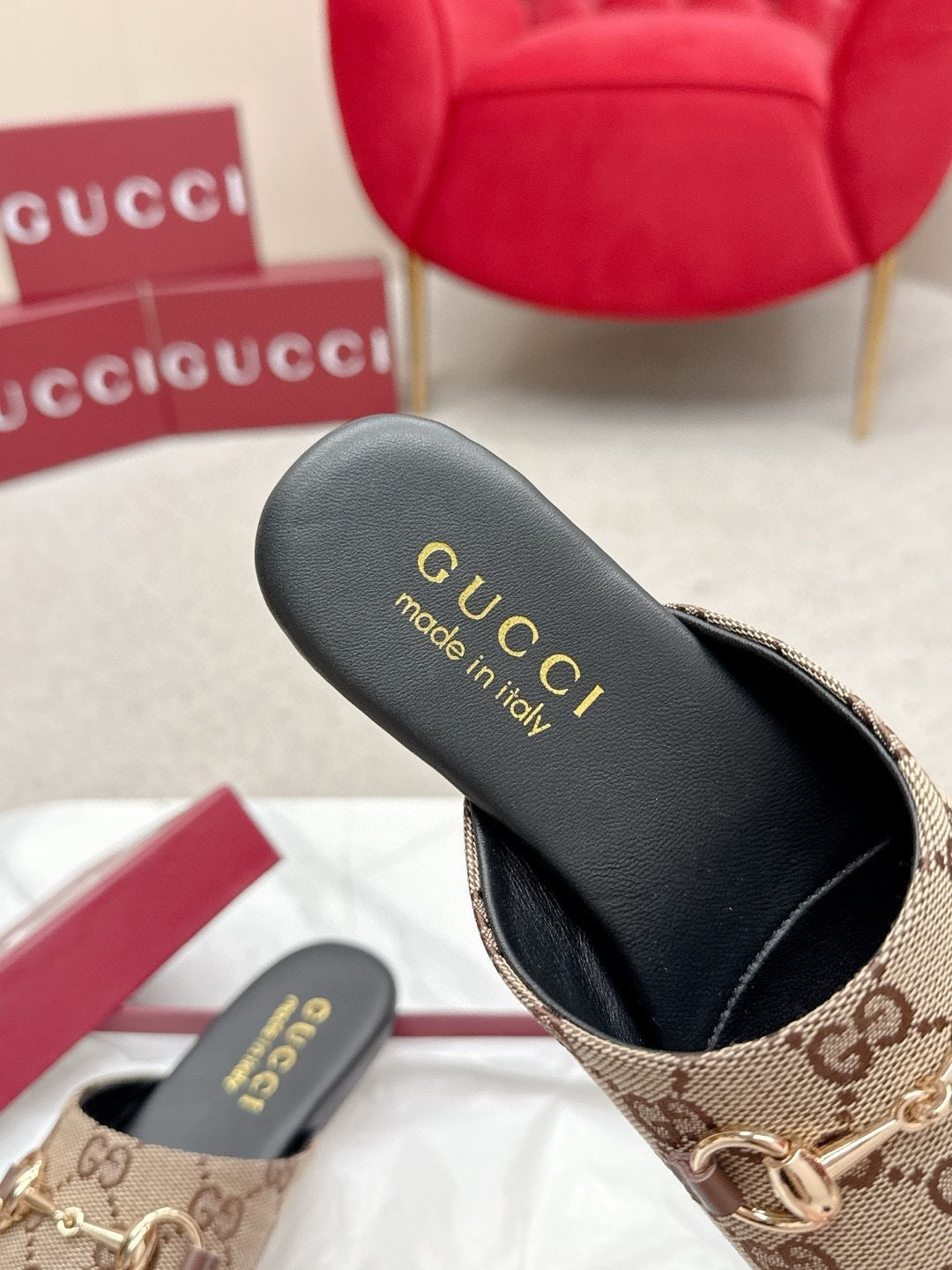 CLASSIC PATTERN SLIP-ON MULES WITH HORSEBIT ACCENT