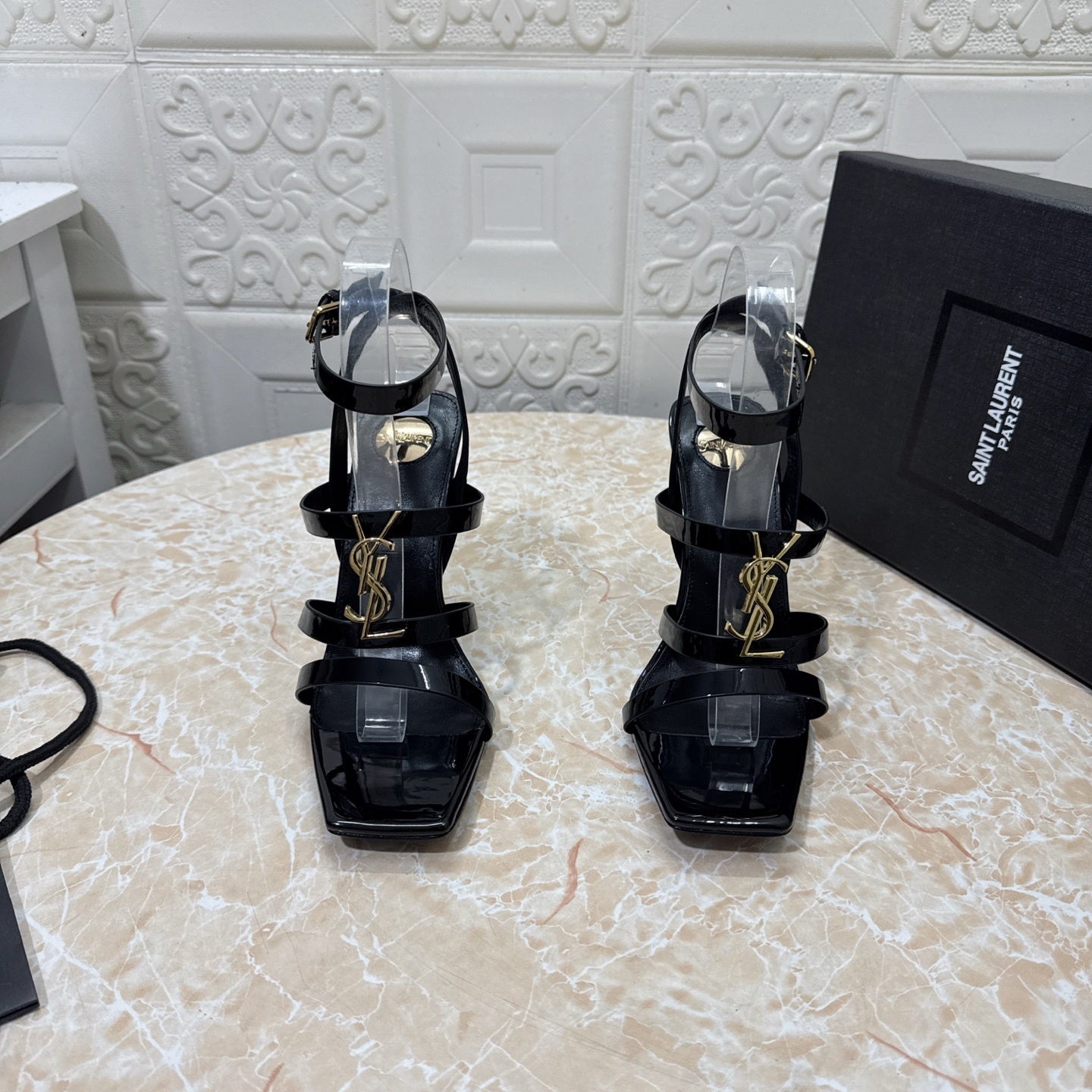 PATENT MULTI-STRAP STATEMENT HEEL SANDALS