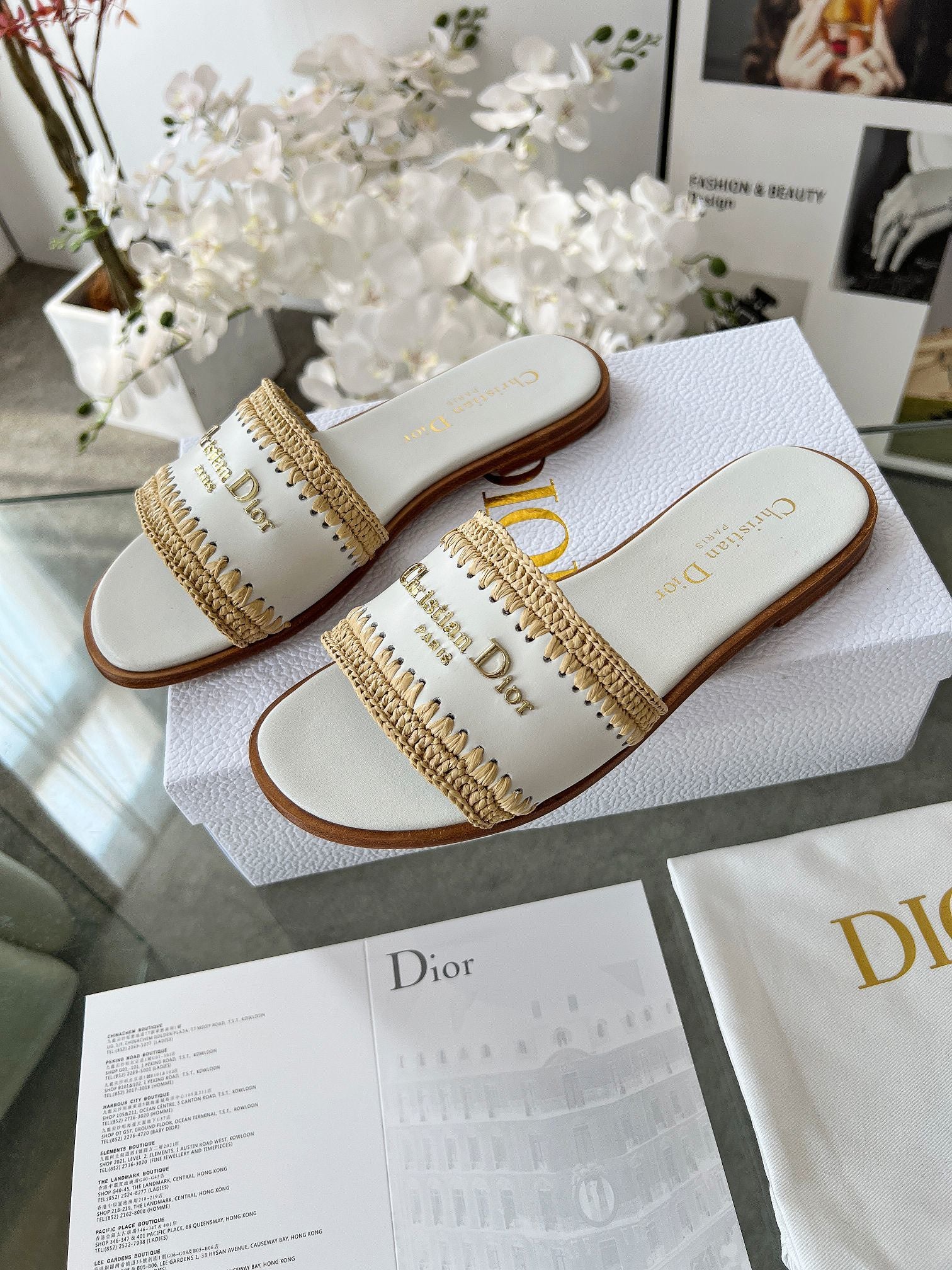 WHITE WOVEN LOGO STRAP FLAT SLIDES