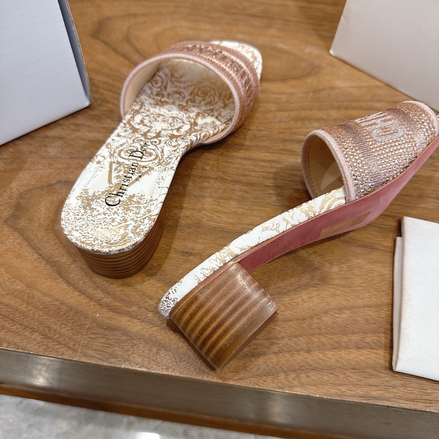 ROSE GOLD TOILE LOGO SLIDE SANDALS