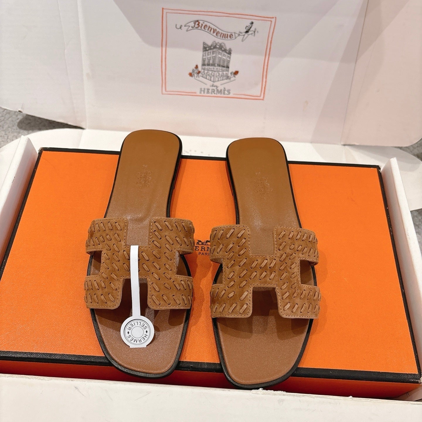 BROWN SUEDE SLIDE SANDALS