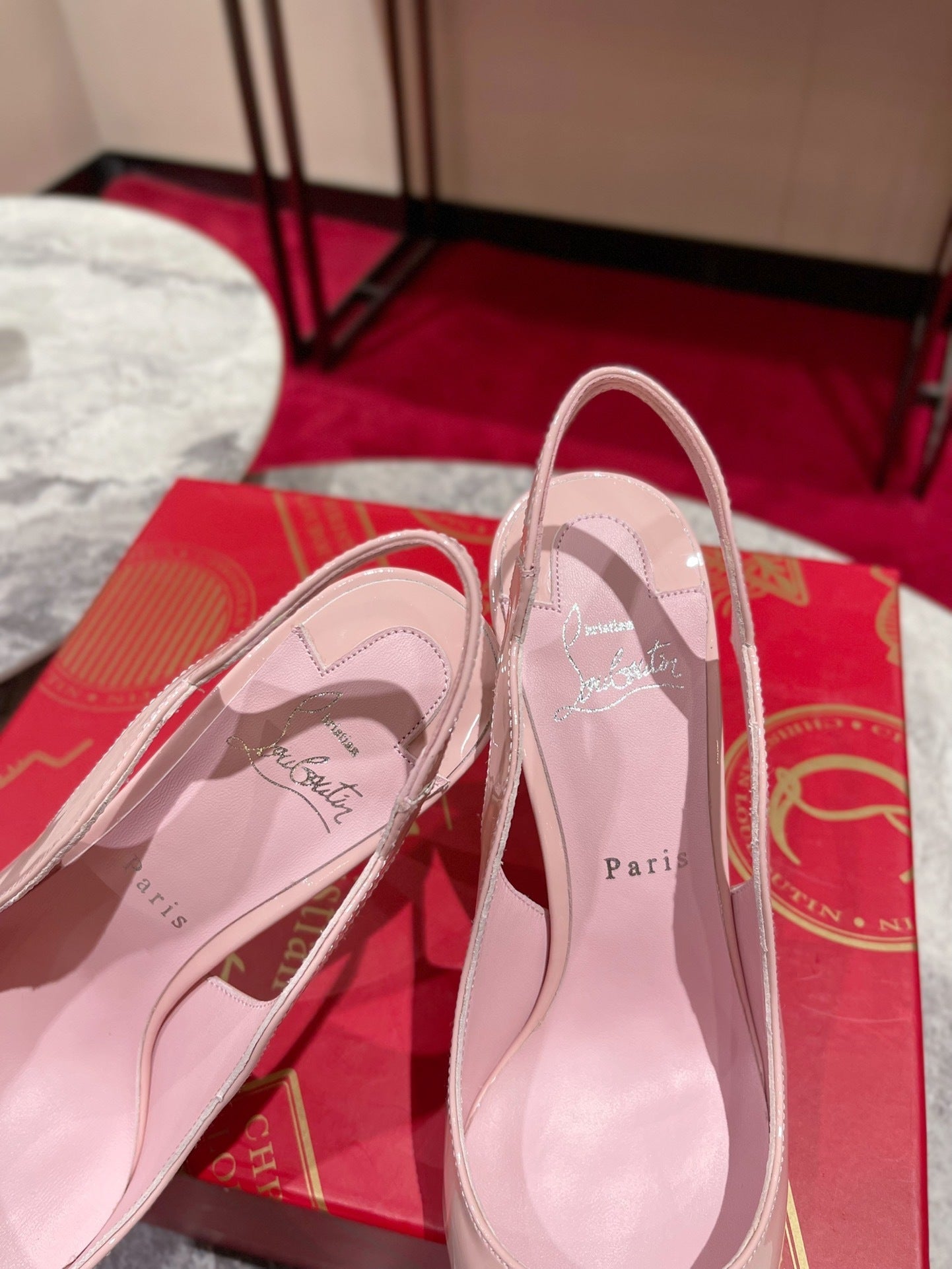 BLUSH PINK PATENT SCALLOPED SLINGBACK HEELS