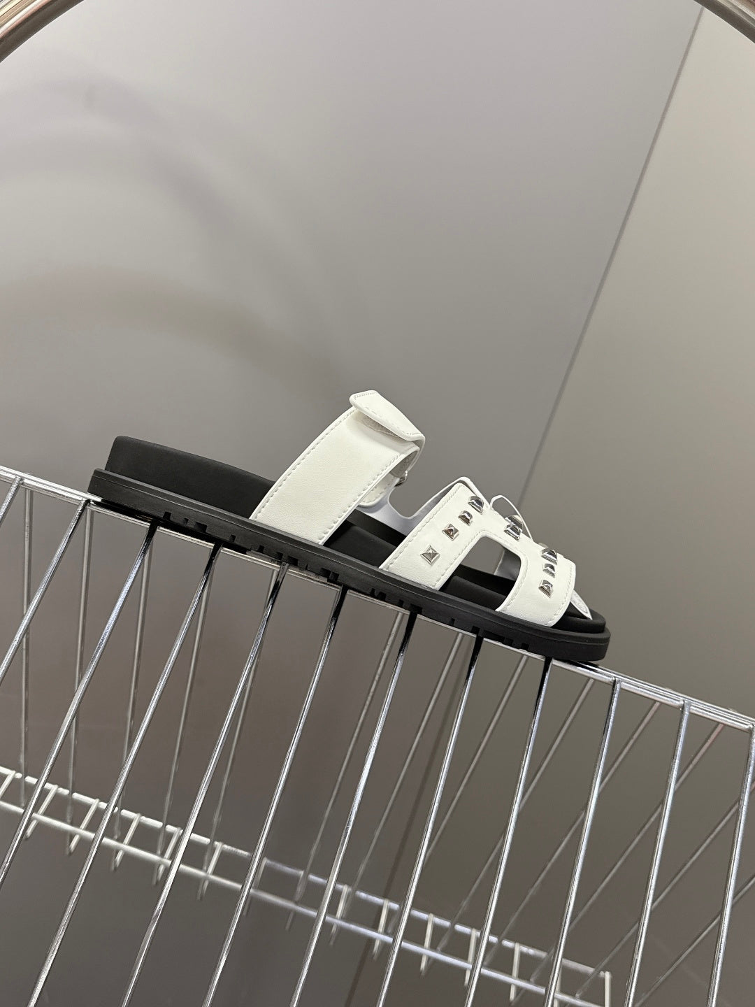 WHITE STUDDED SLIDE SANDALS