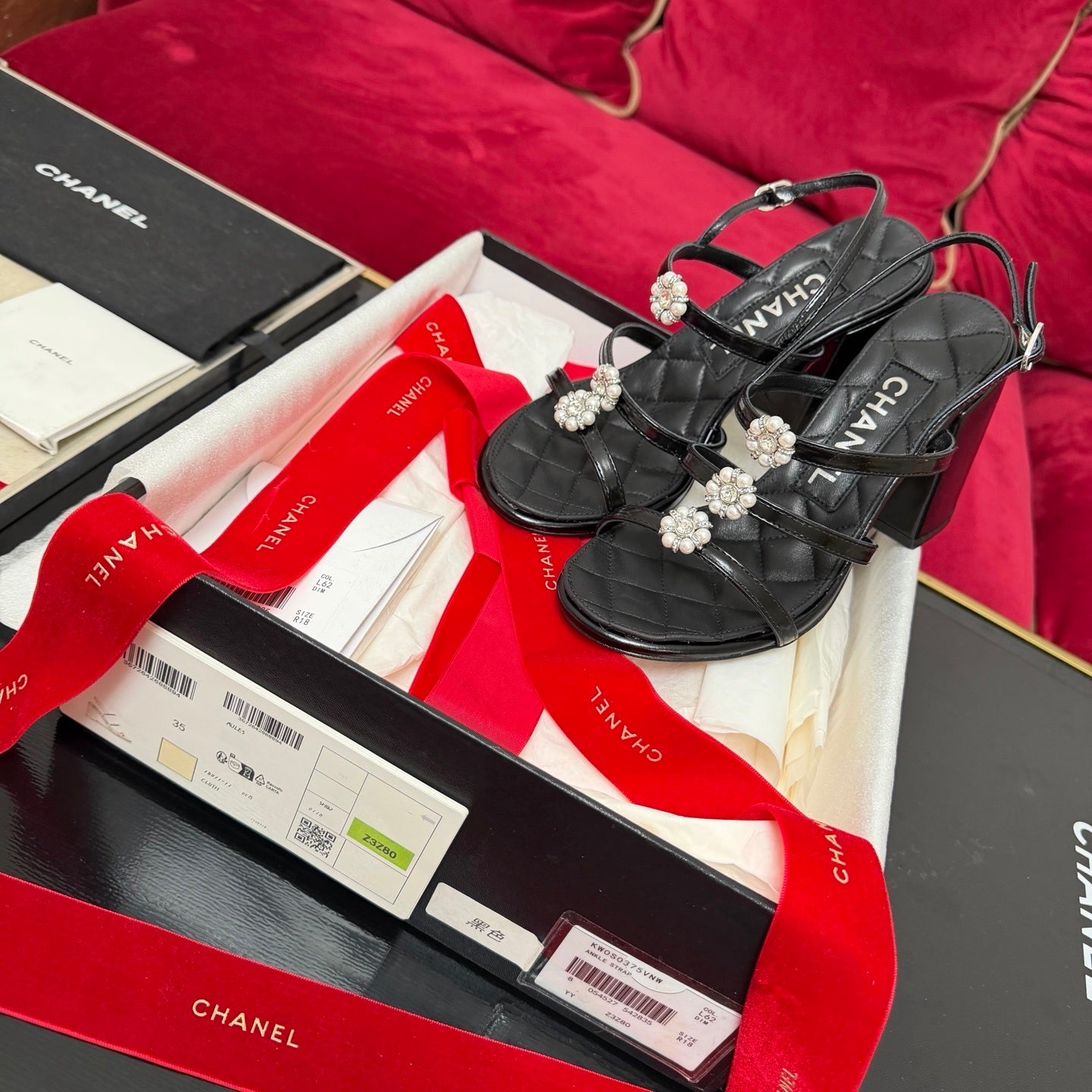 PEARL EMBELLISHED QUILTED STRAP HEELS