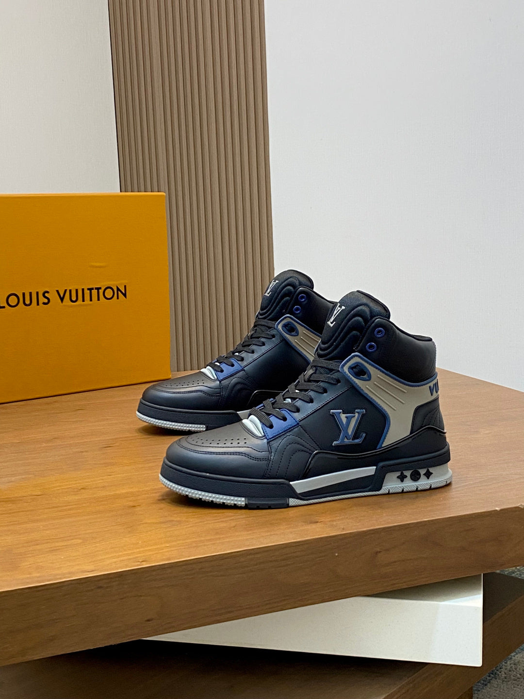 BLACK & GREY HIGH-TOP DESIGNER SNEAKERS WITH BLUE ACCENTS