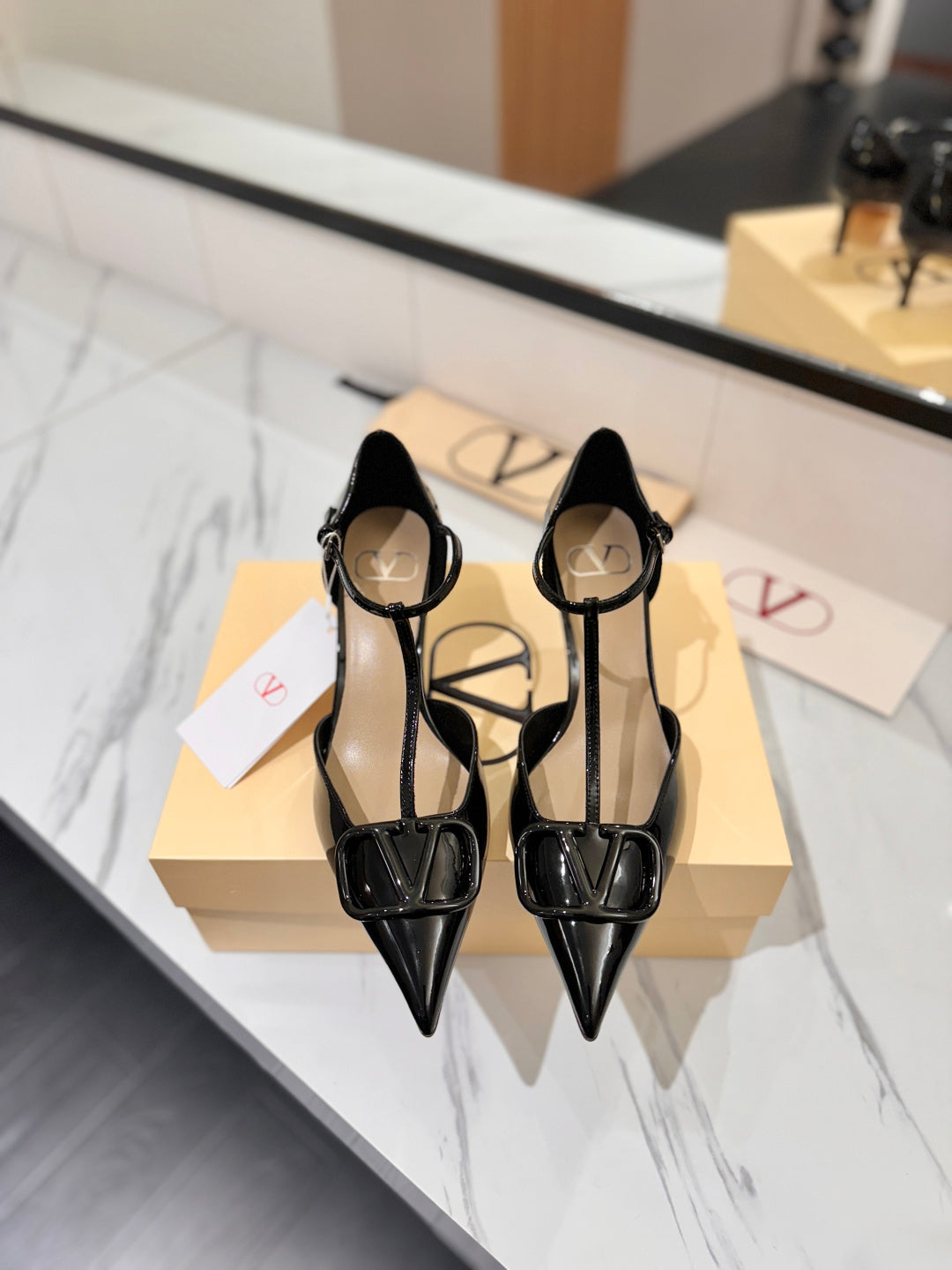 PATENT T-STRAP POINTED HEEL PUMPS – BLACK
