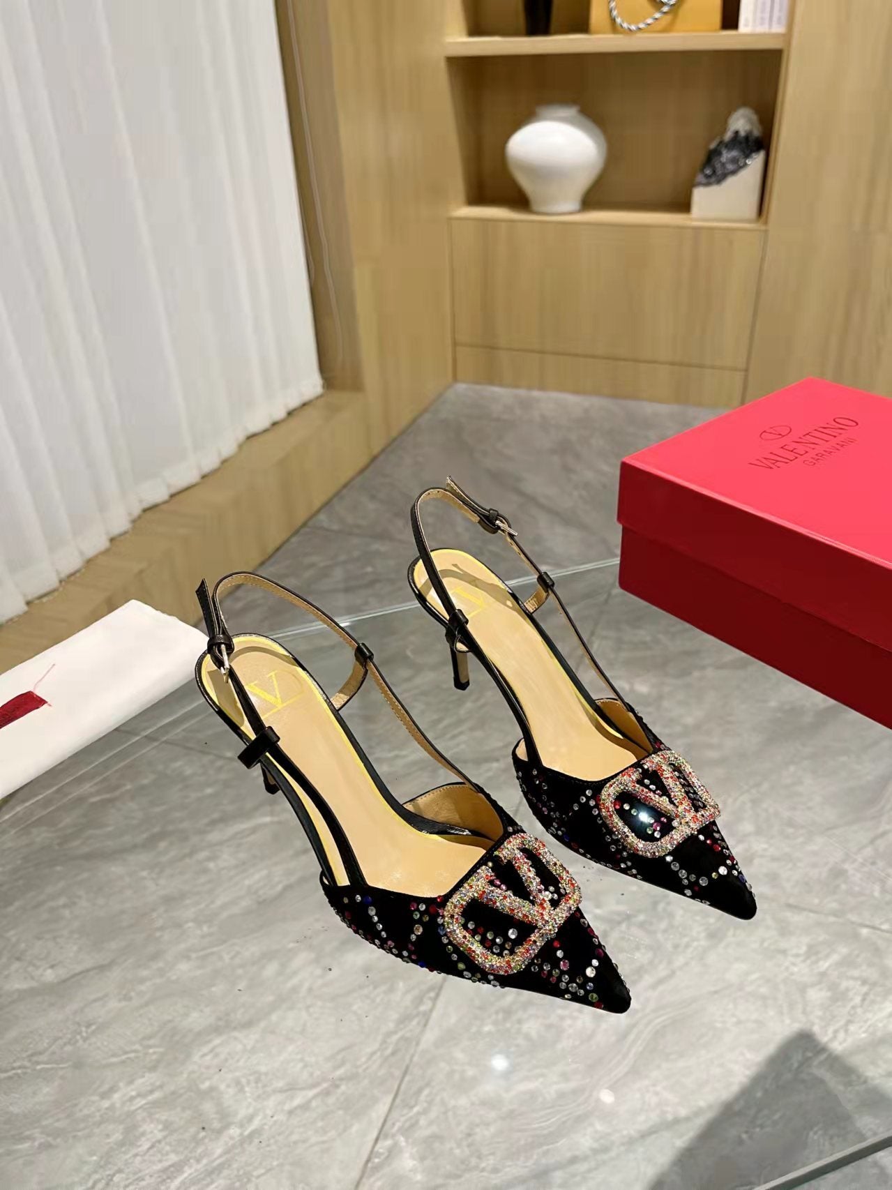 GLAM CRYSTAL EMBELLISHED SLINGBACK HEELS WITH SIGNATURE BUCKLE