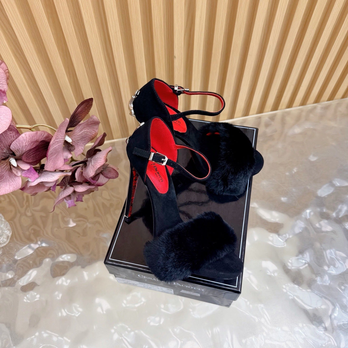 FUR DETAIL STILETTO HEELS – BLACK LUXE EVENING SANDALS