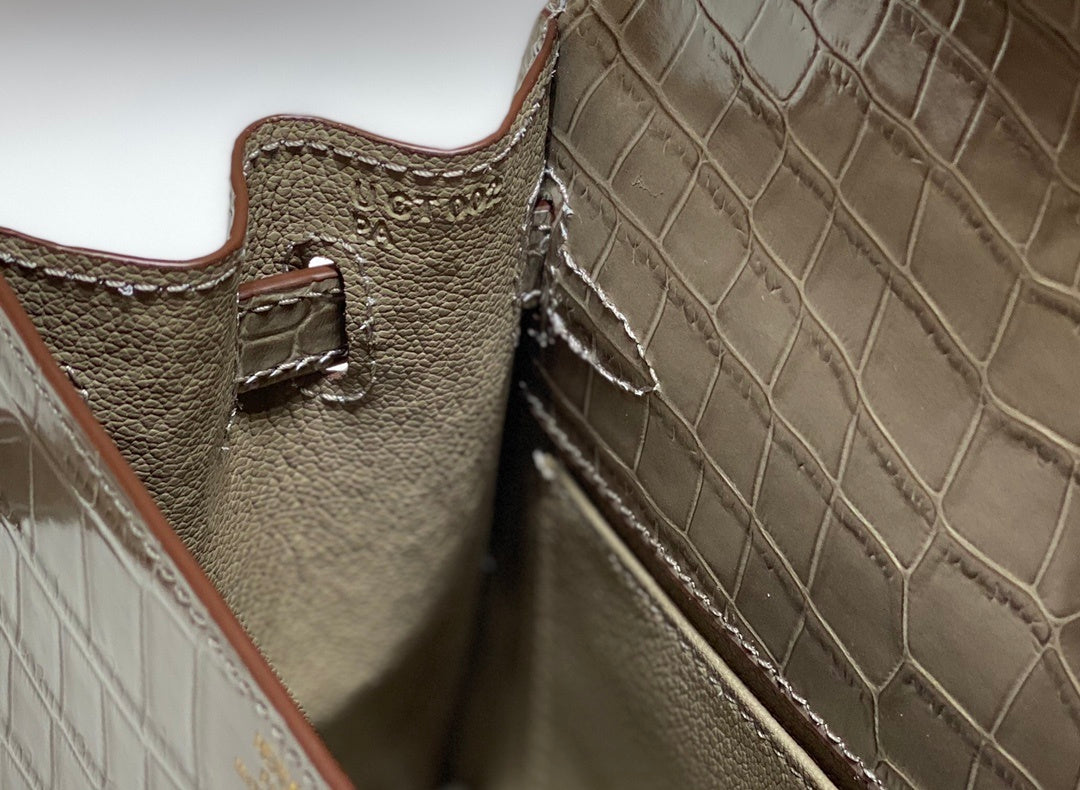 LUXURY TAUPE CROCODILE EMBOSSED MINI TOP HANDLE HANDBAG WITH GOLD HARDWARE