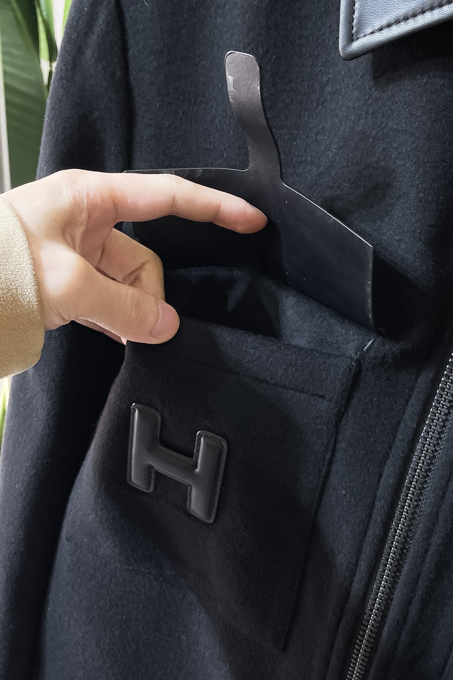 BLACK WOOL-BLEND JACKET WITH LEATHER DETAILS