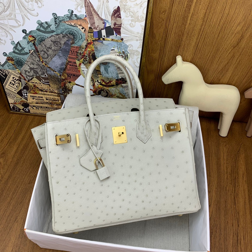 LUXURY PEARL WHITE OSTRICH TEXTURED TOP HANDLE BAG
