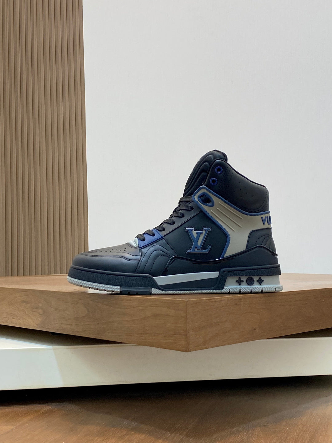 BLACK & GREY HIGH-TOP DESIGNER SNEAKERS WITH BLUE ACCENTS