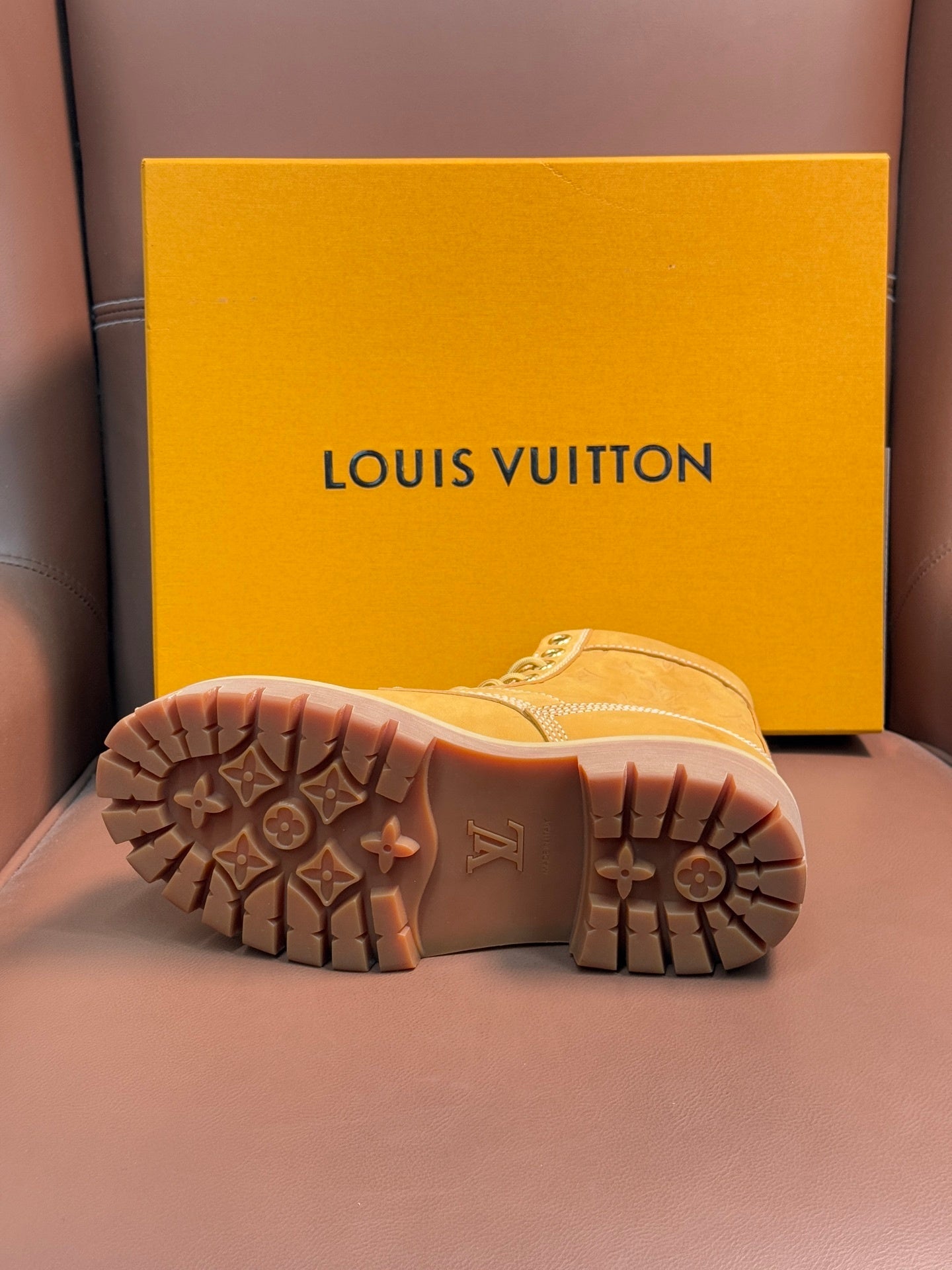 TAN MONOGRAM SUEDE COMBAT BOOTS