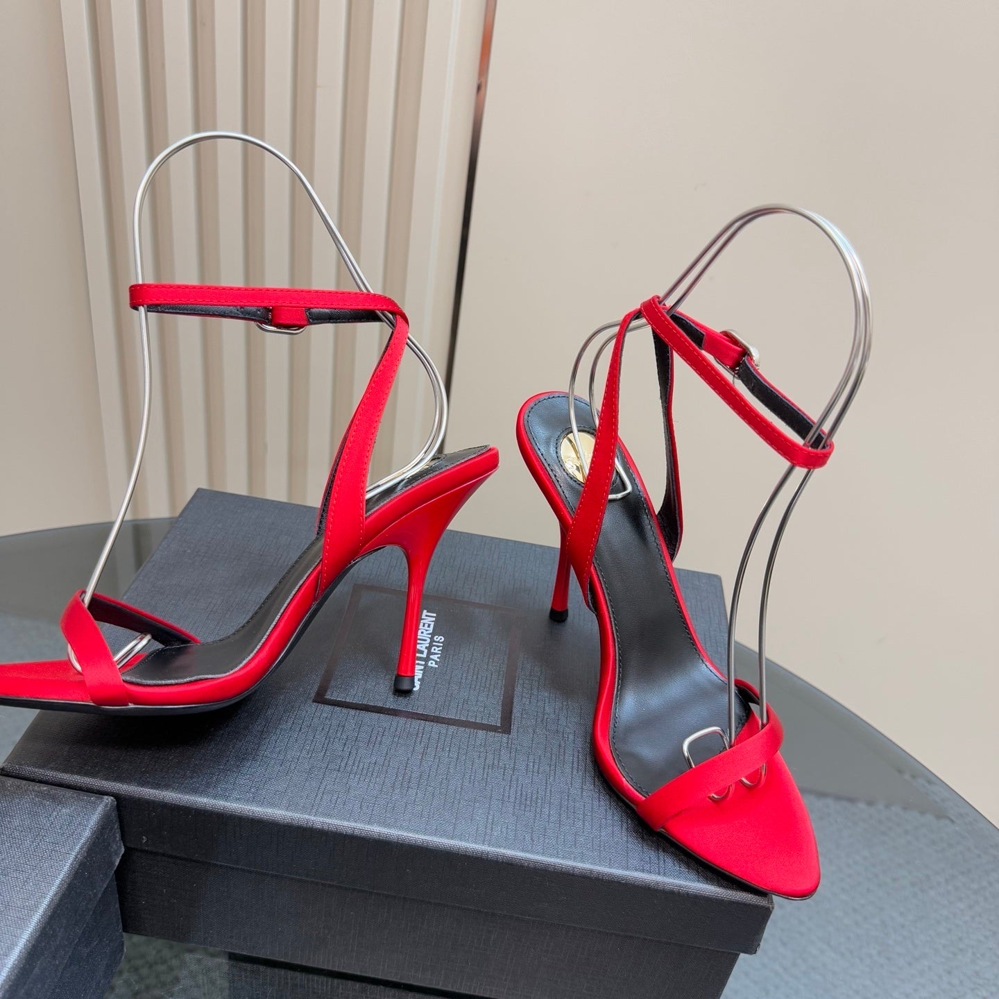 RED T-STRAP STILETTO HEEL SANDALS