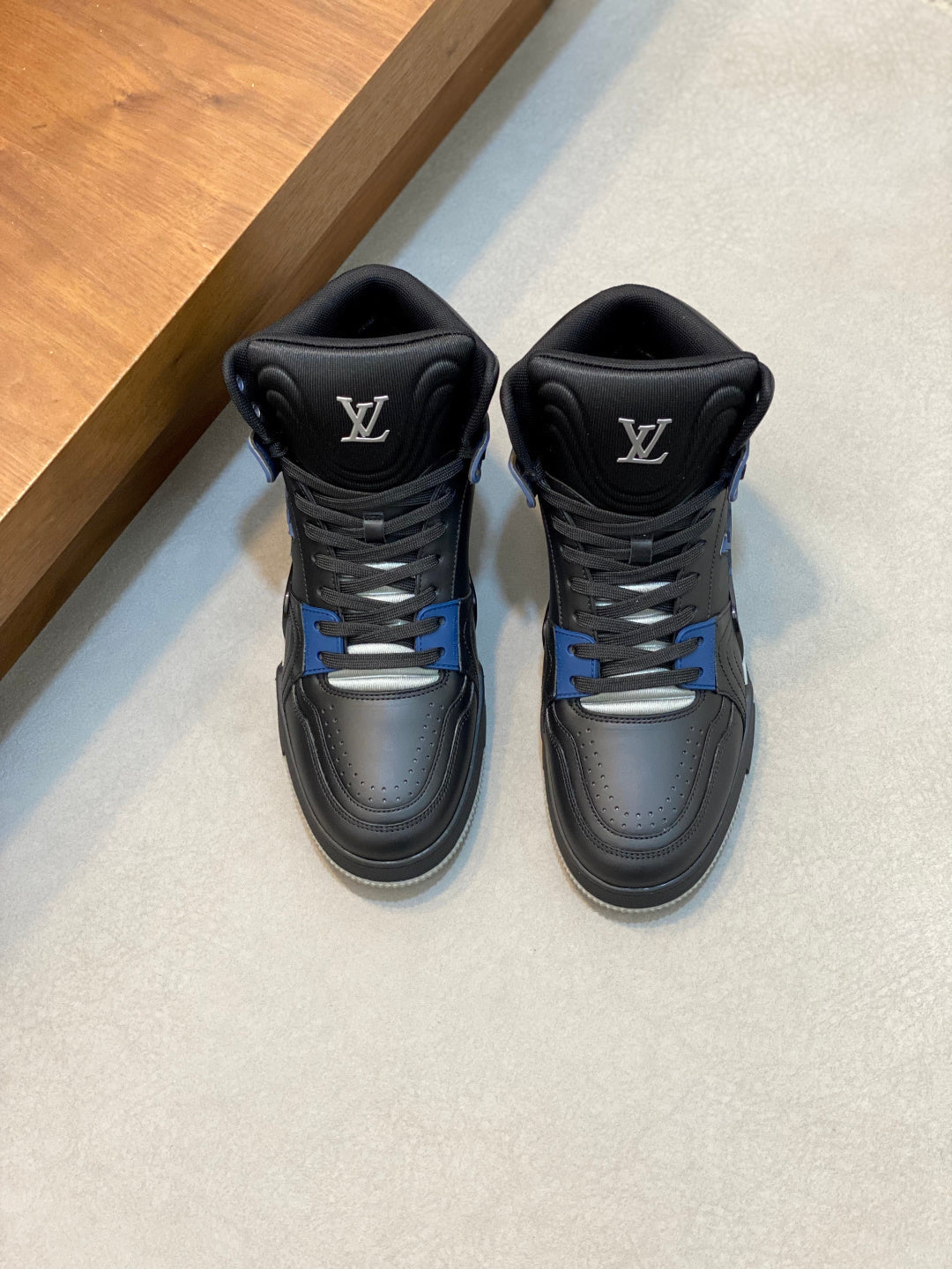 BLACK & GREY HIGH-TOP DESIGNER SNEAKERS WITH BLUE ACCENTS