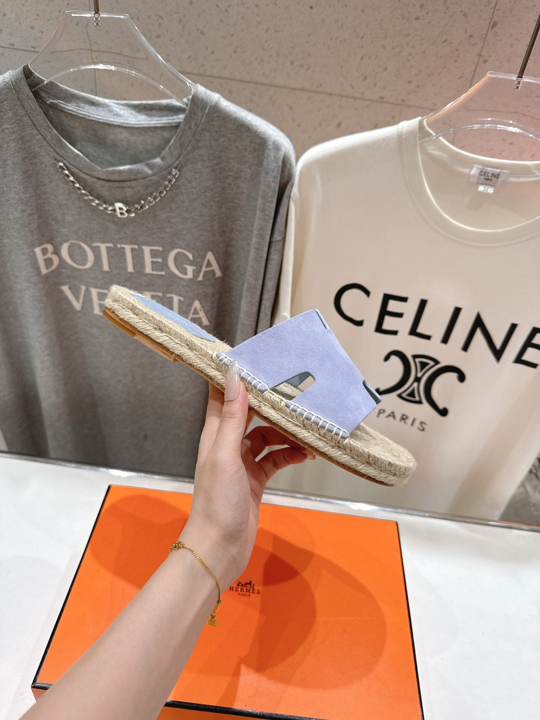 LIGHT BLUE ESPADRILLE STYLE SLIDE SANDALS