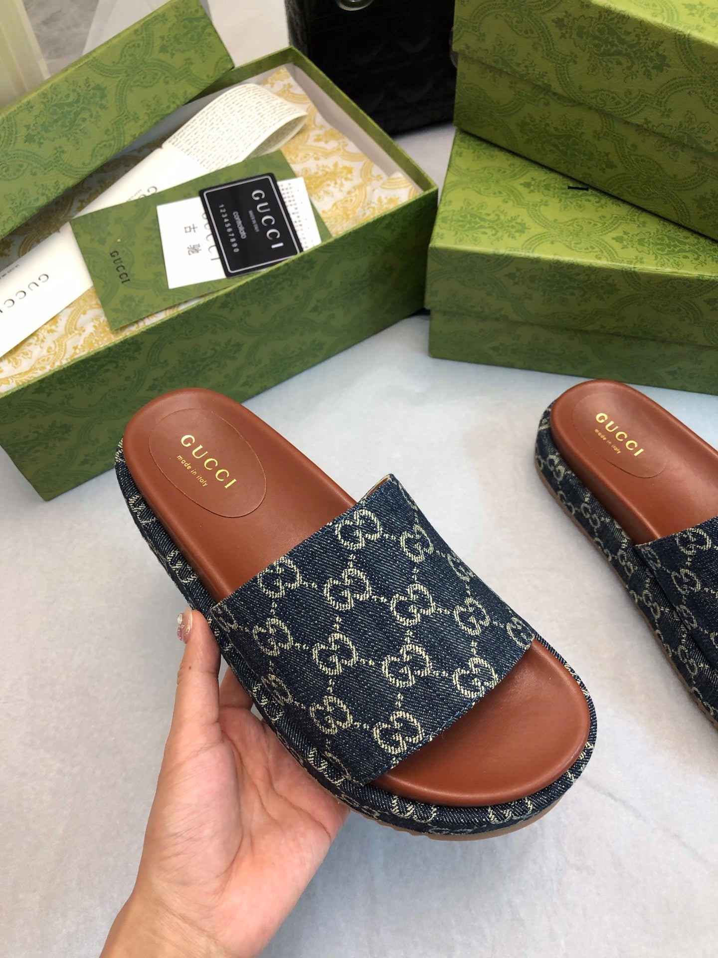 DENIM MONOGRAM PLATFORM SLIDES