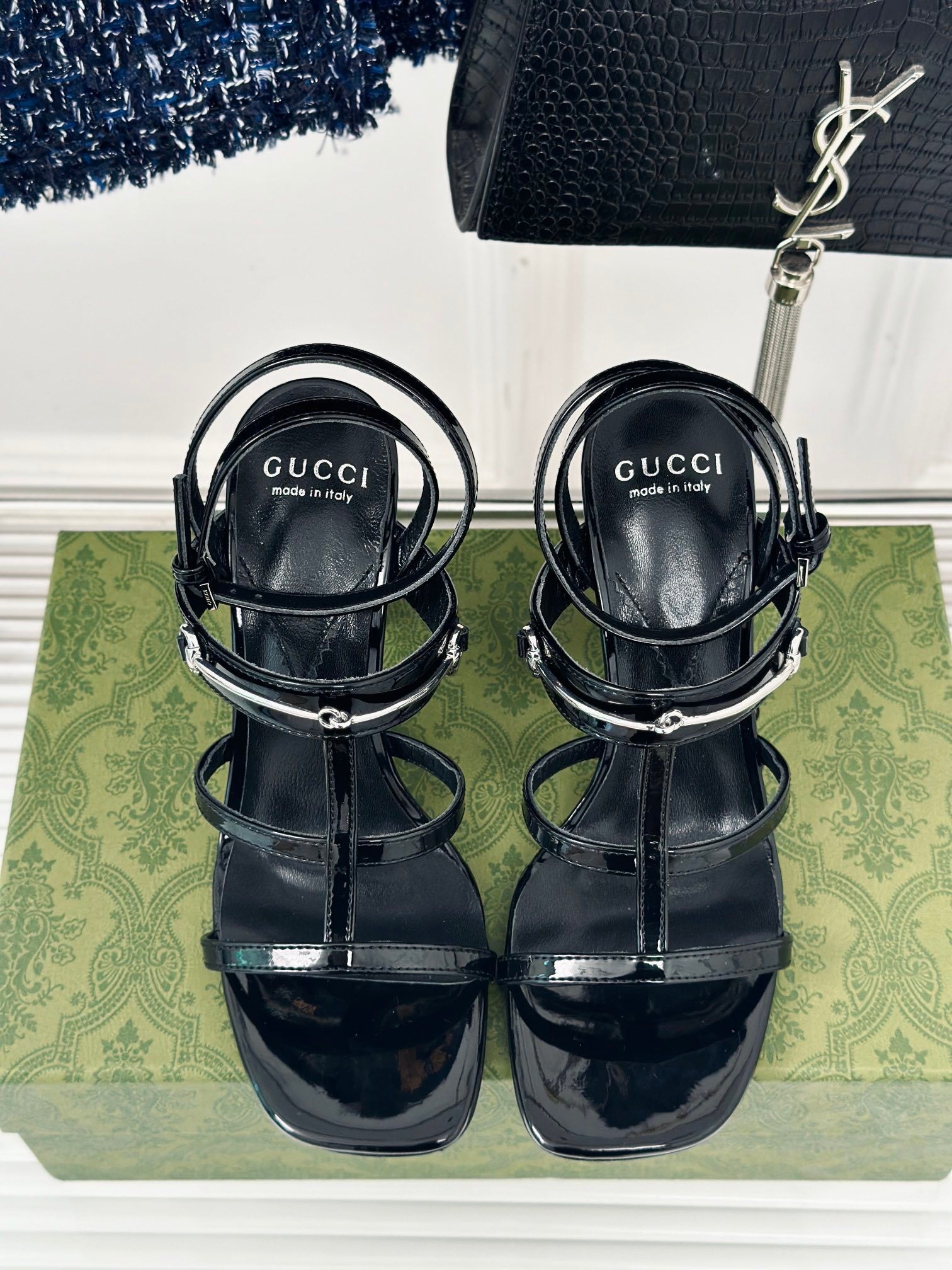 PATENT BLACK STRAPPY HEEL SANDALS WITH METAL DETAIL