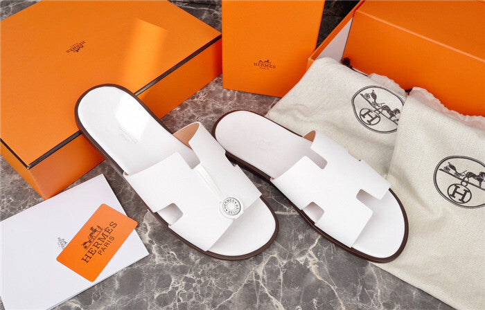 CRISP WHITE H-CUT LEATHER SLIDE SANDALS
