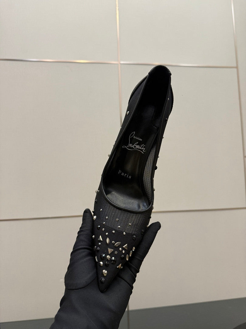 BLACK RHINESTONE MESH PUMPS