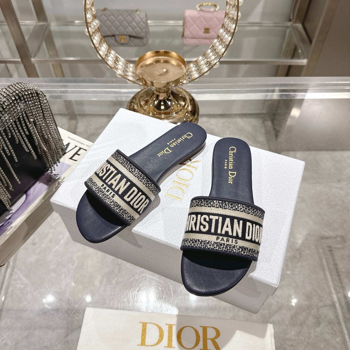 LOGO JACQUARD FLAT SLIDES – NAVY