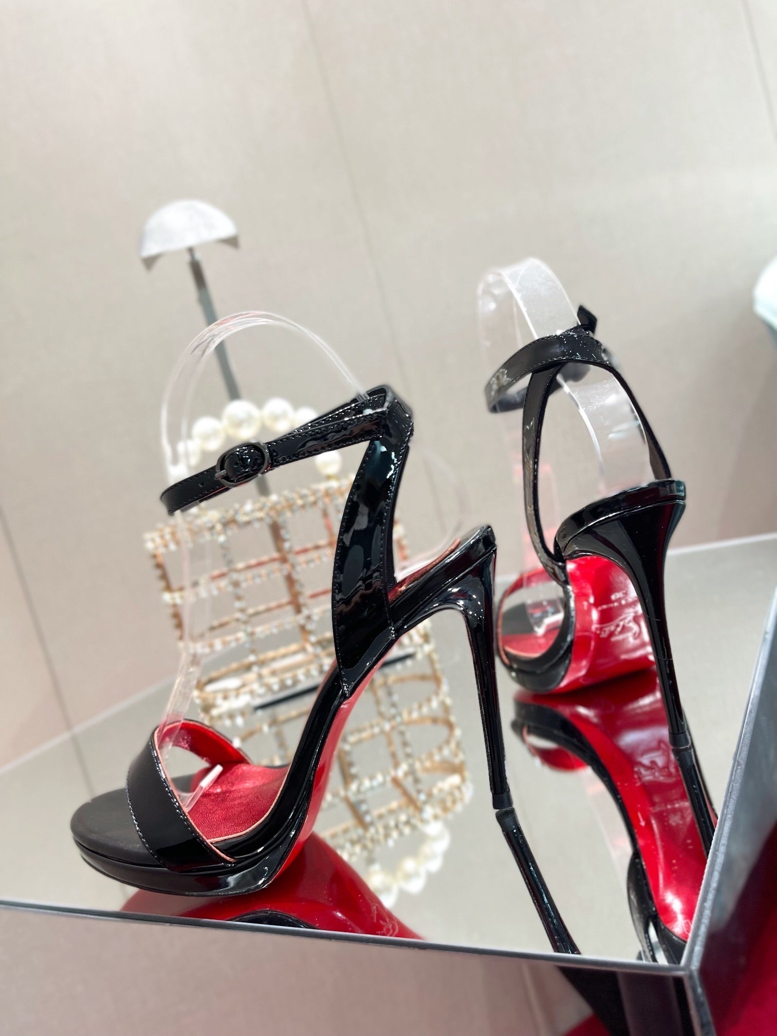 BLACK PATENT CLEAR STRAP SANDAL HEELS