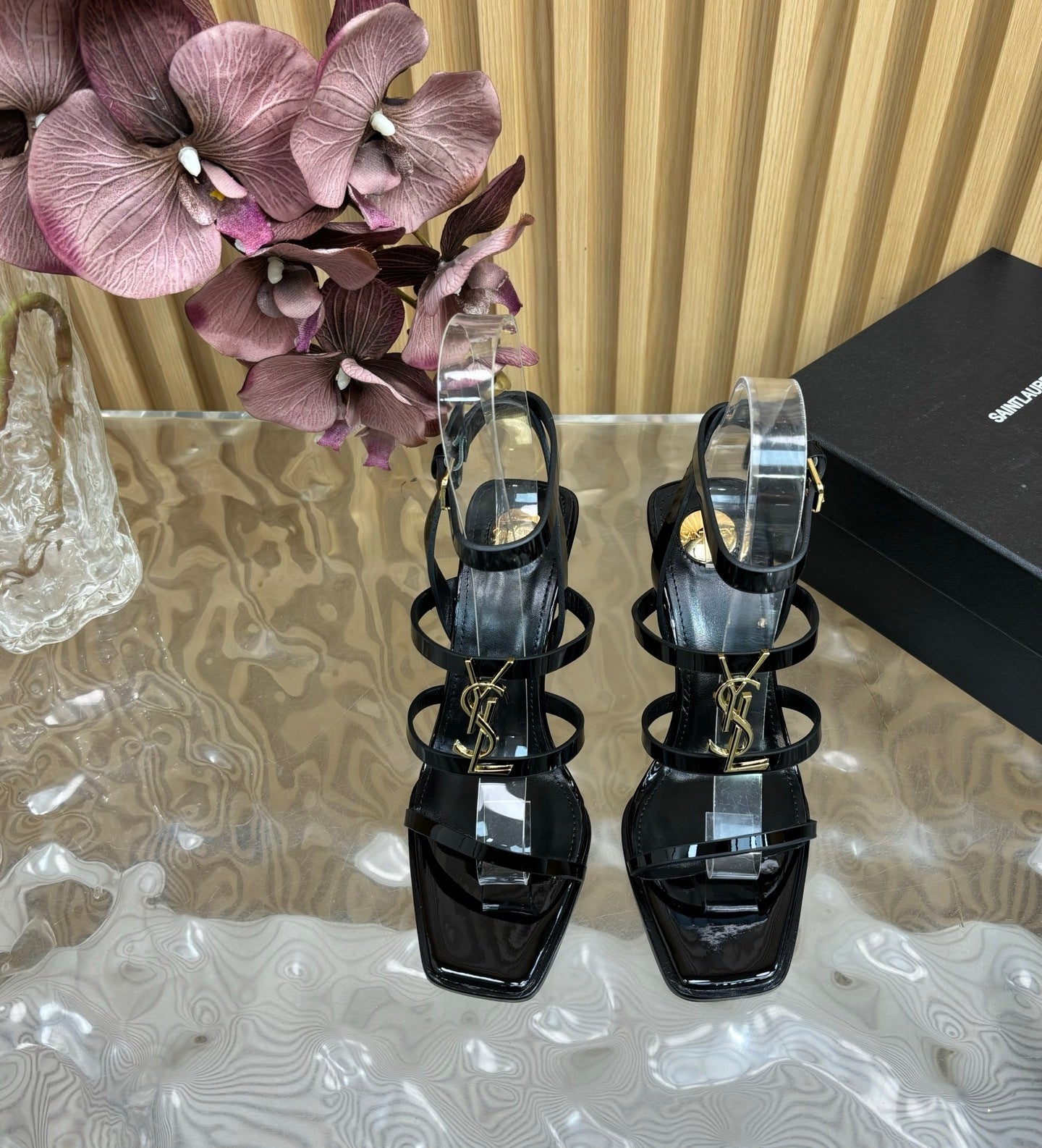 BLACK MULTI-STRAP HIGH HEEL SANDALS WITH GOLD LOGO DETAIL