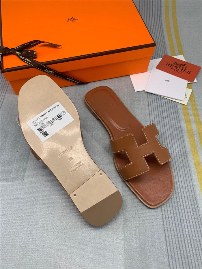 CARAMEL TAN H-CUT LEATHER SLIDE