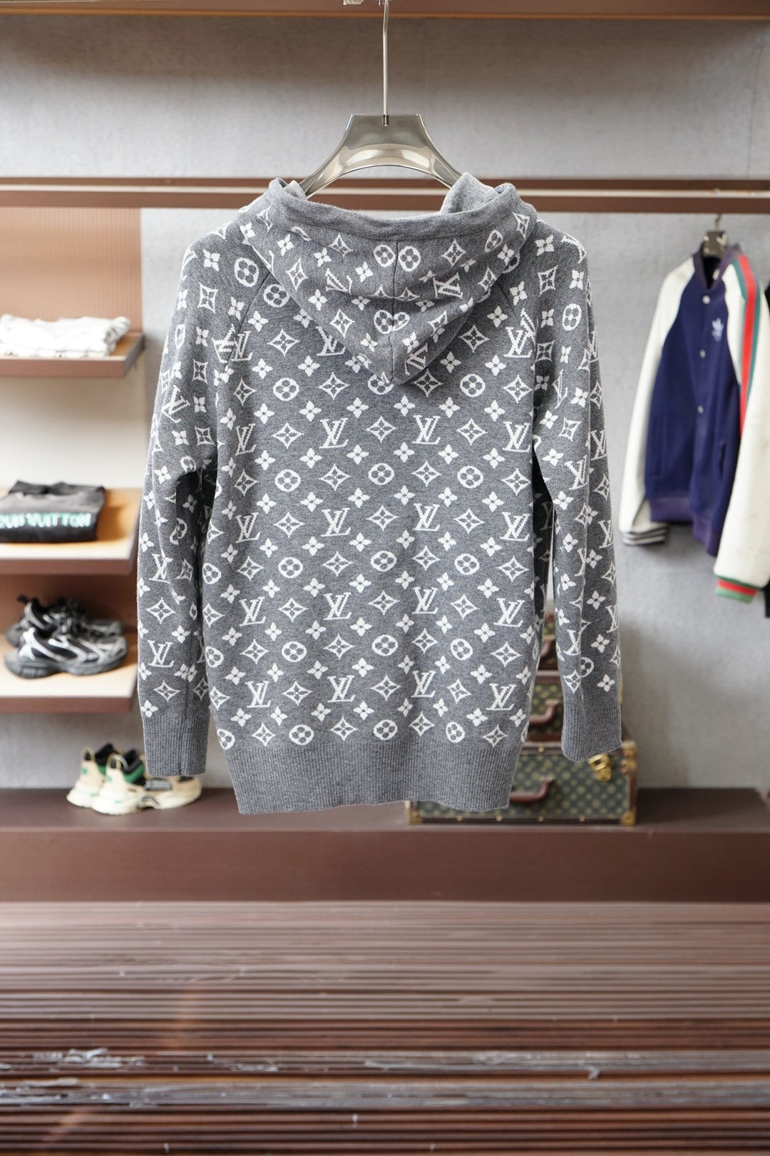 ALL-OVER PATTERN ZIP-UP KNIT HOODIE