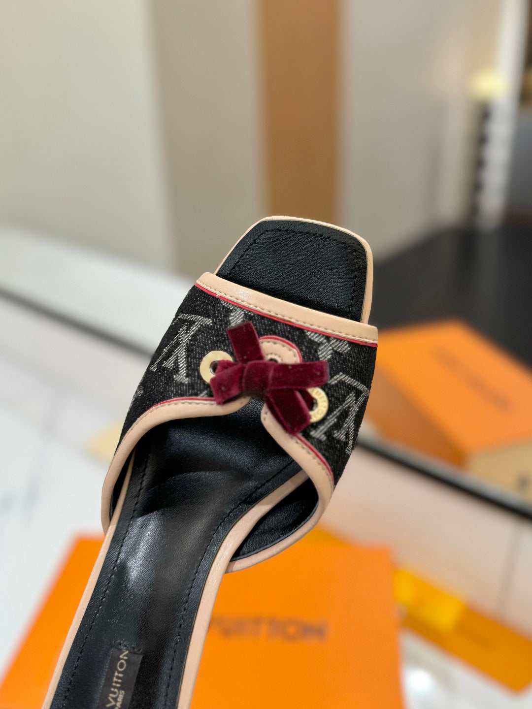 BLACK MONOGRAM DENIM MULE SANDALS WITH VELVET BOW