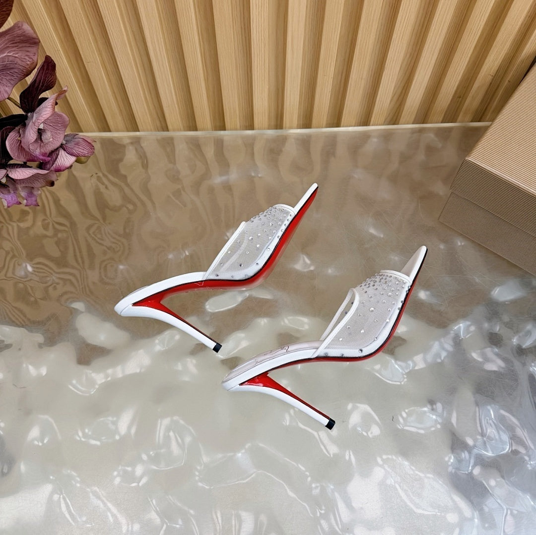 WHITE RHINESTONE MULE HEELS