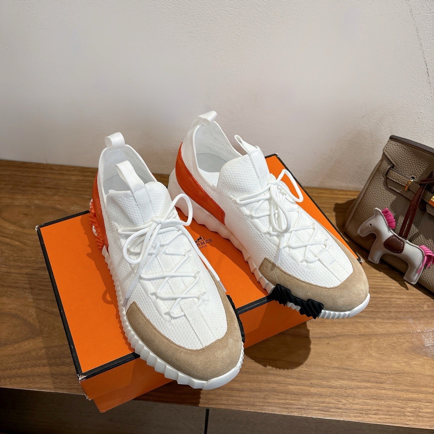 WHITE TECH-KNIT SNEAKERS WITH SUEDE TOE & ORANGE HEEL ACCENT