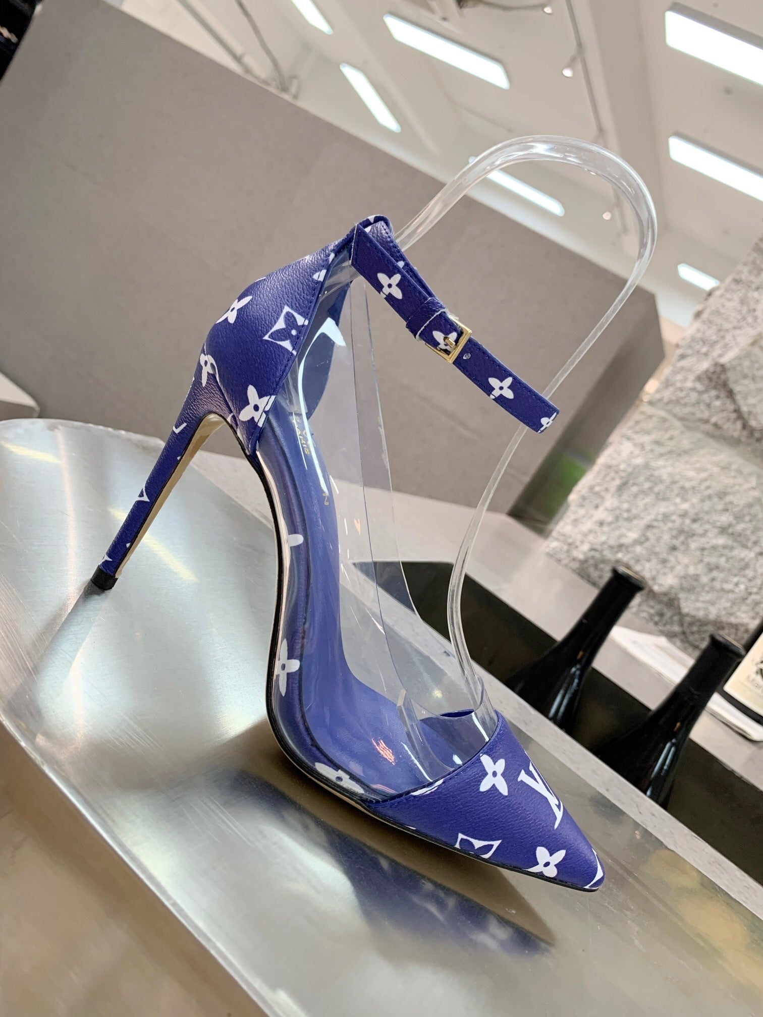 CLEAR PANEL MONOGRAM STILETTO HEELS