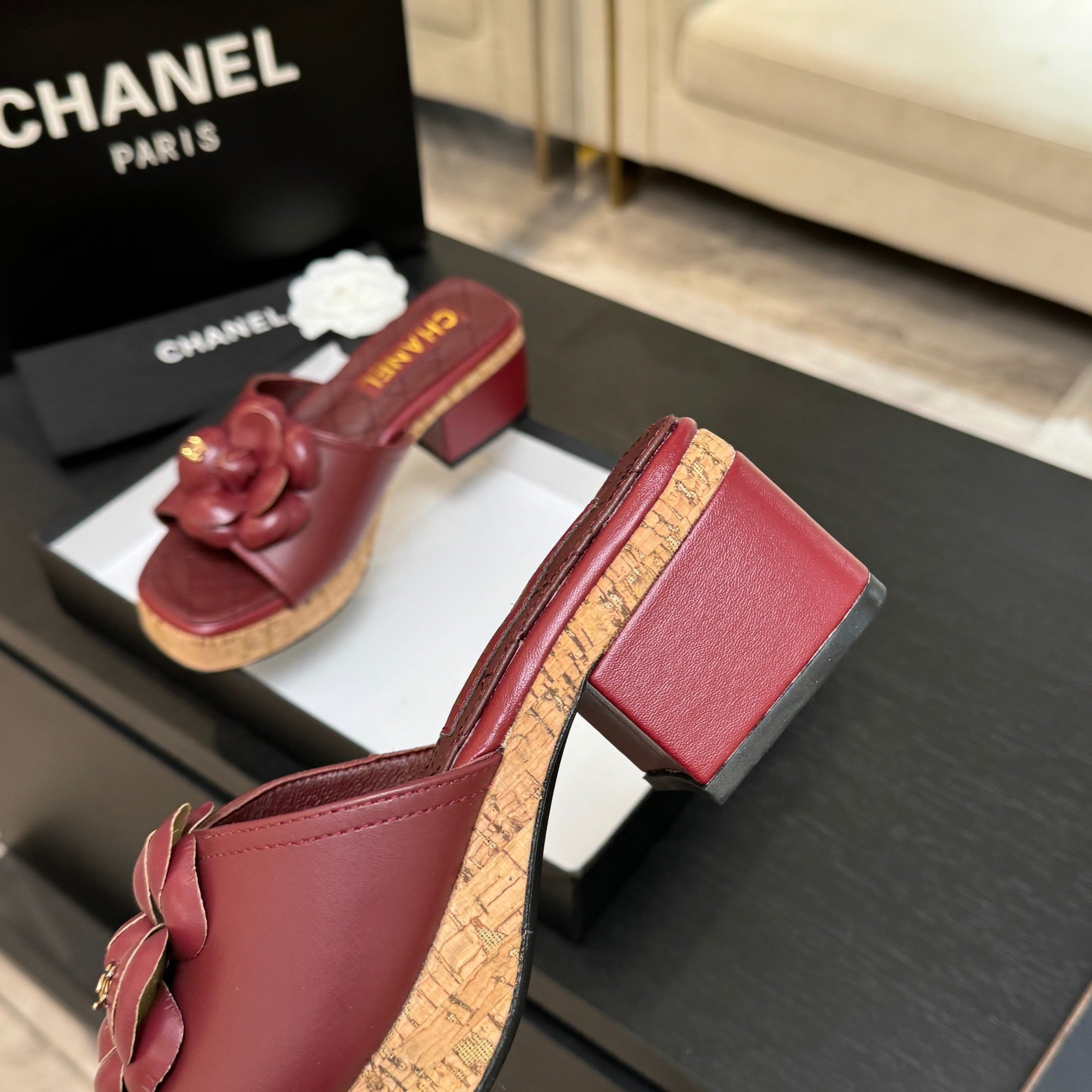 TERRACOTTA QUILTED PLATFORM SLIDE SANDALS WITH FLORAL DETAIL