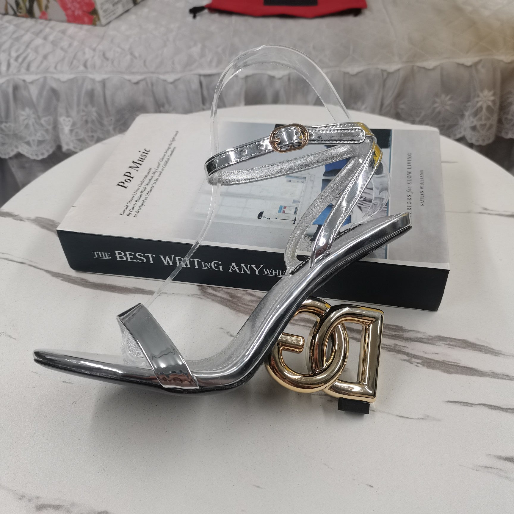 SILVER STRAPPY LOGO HEEL SANDALS
