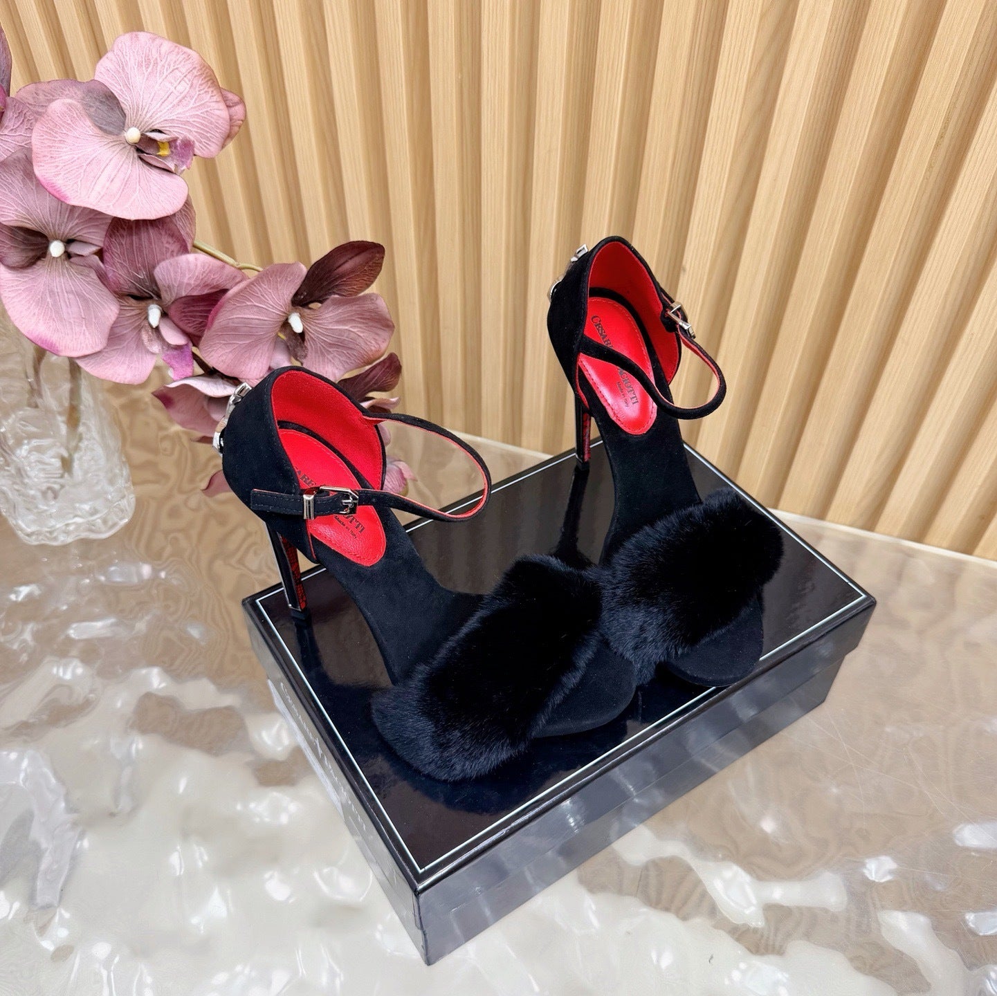 FUR DETAIL STILETTO HEELS – BLACK LUXE EVENING SANDALS