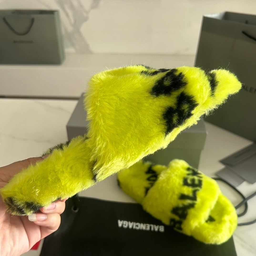 NEON YELLOW FAUX FUR LOGO SLIDE SANDALS