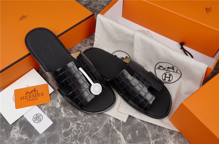 BLACK CROCODILE-EMBOSSED H-CUT LEATHER SLIDE SANDALS