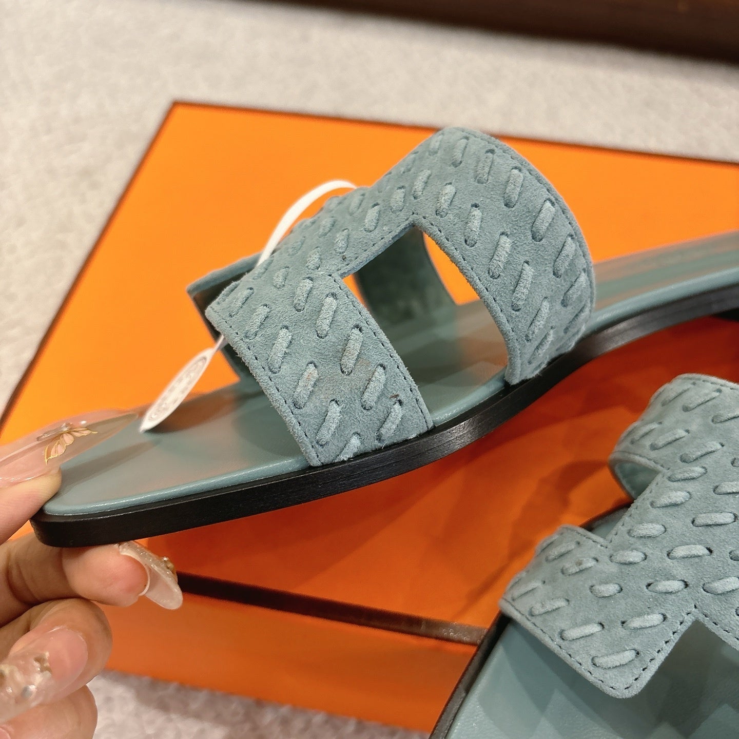 SOFT GREEN SUEDE SLIDE SANDALS