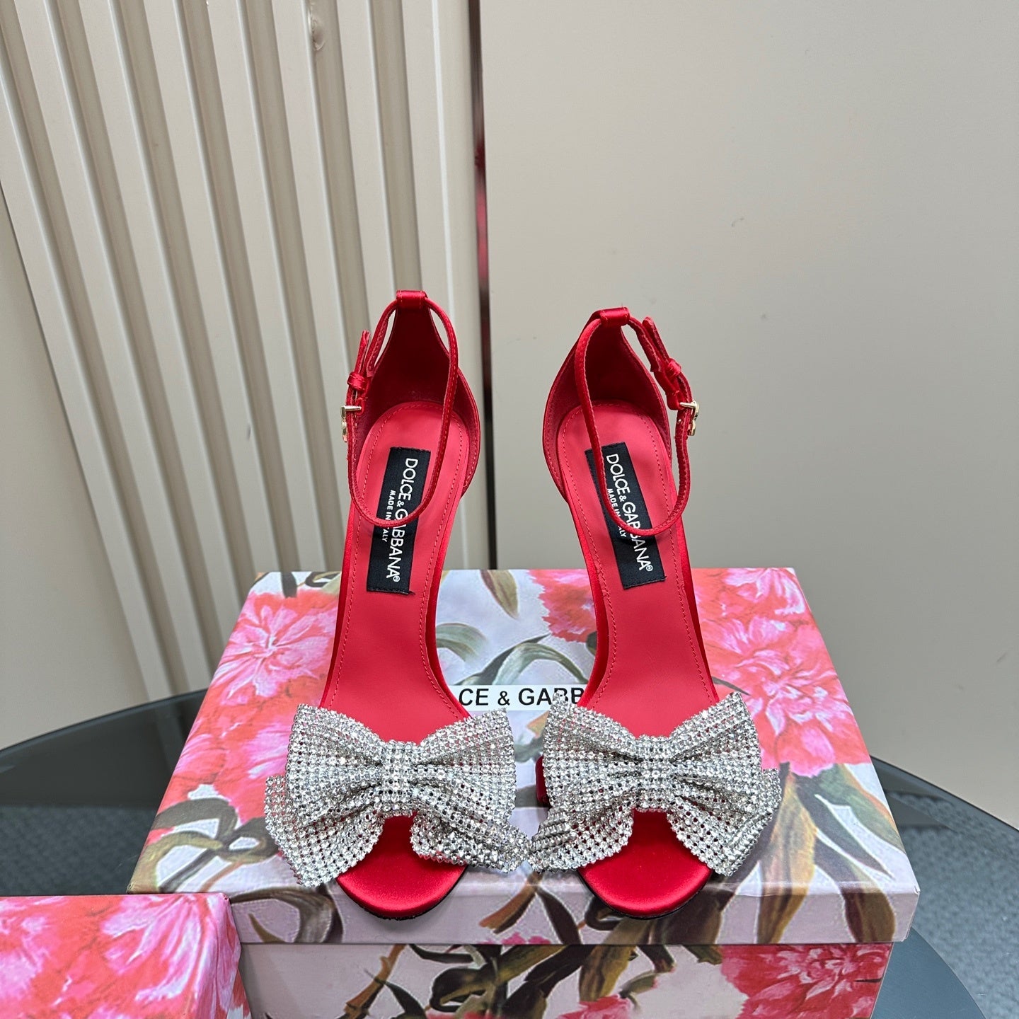 RED SATIN BOW CRYSTAL-EMBELLISHED STILETTO HEELS