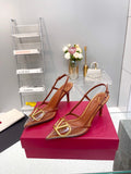 CLEAR SLINGBACK HEELS – CARAMEL BROWN WITH GOLD LOGO DETAIL