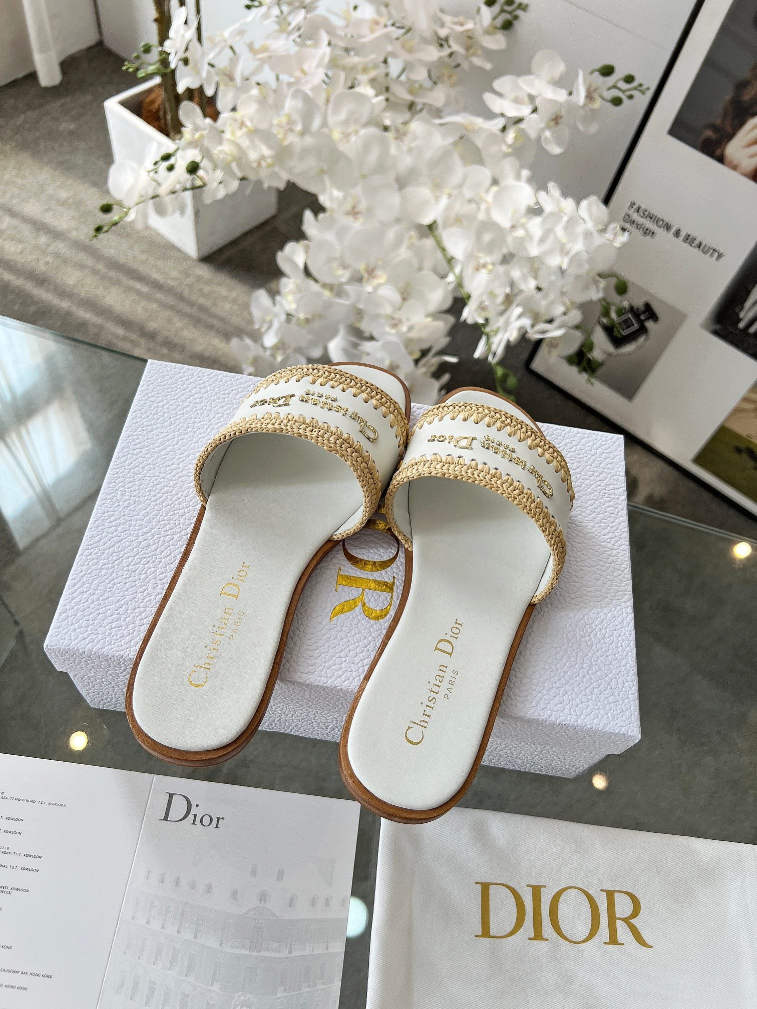WHITE WOVEN LOGO STRAP FLAT SLIDES