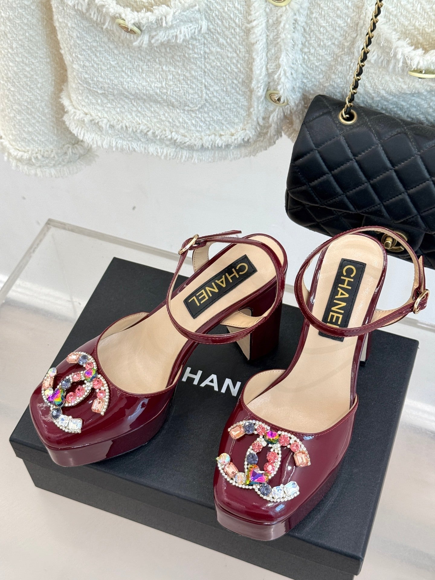 BURGUNDY PATENT PLATFORM CRYSTAL HEELS