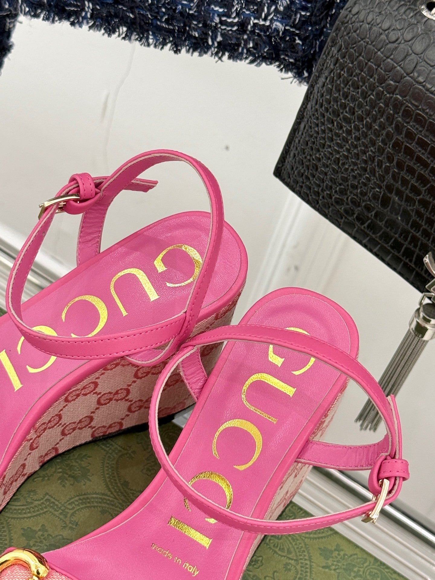 PINK MONOGRAM PLATFORM WEDGE SANDALS