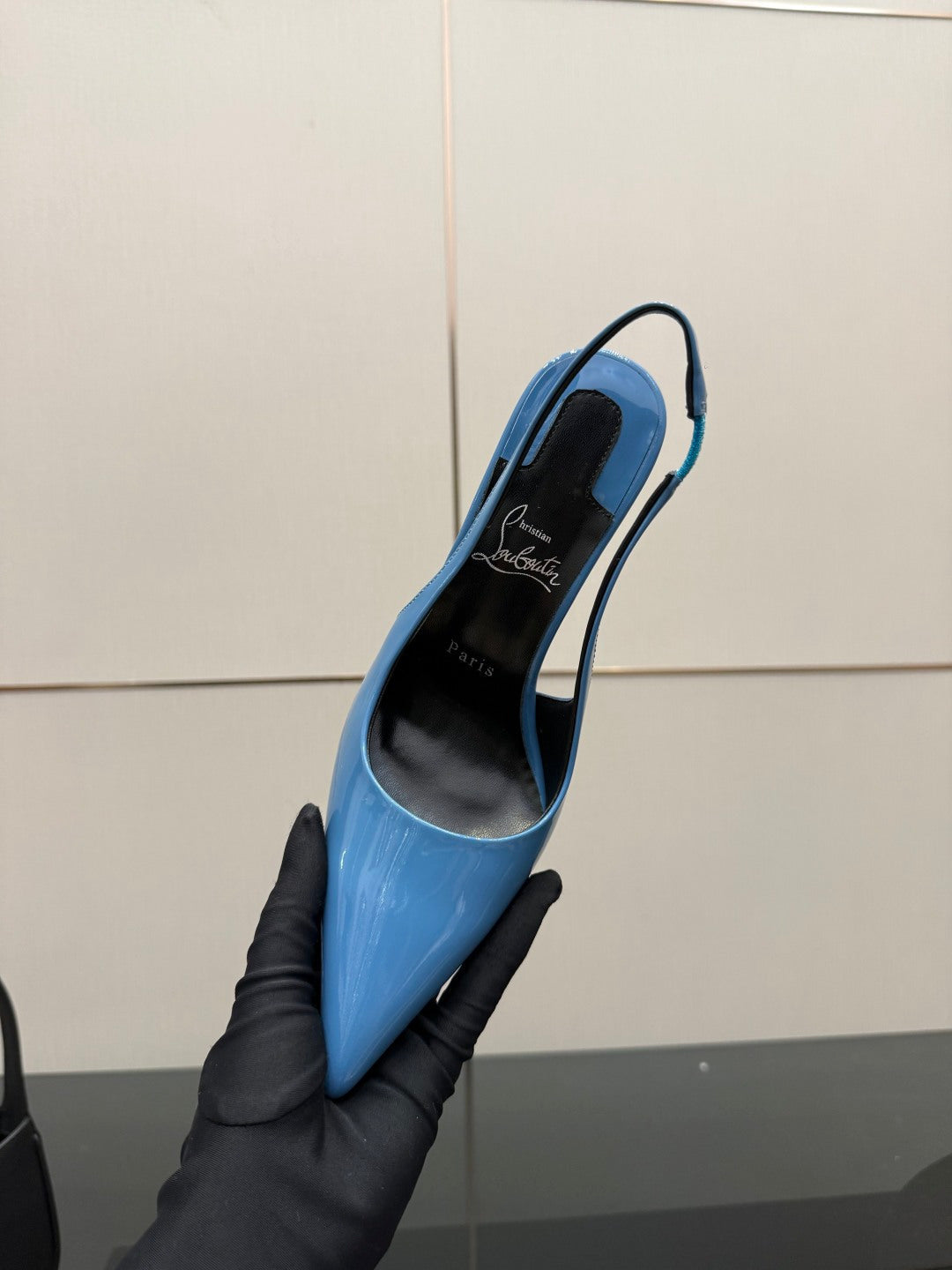BLUE PATENT SLINGBACK POINTED HEELS