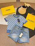 FENDI MONOGRAM KNIT TOP & DENIM SHORT SET