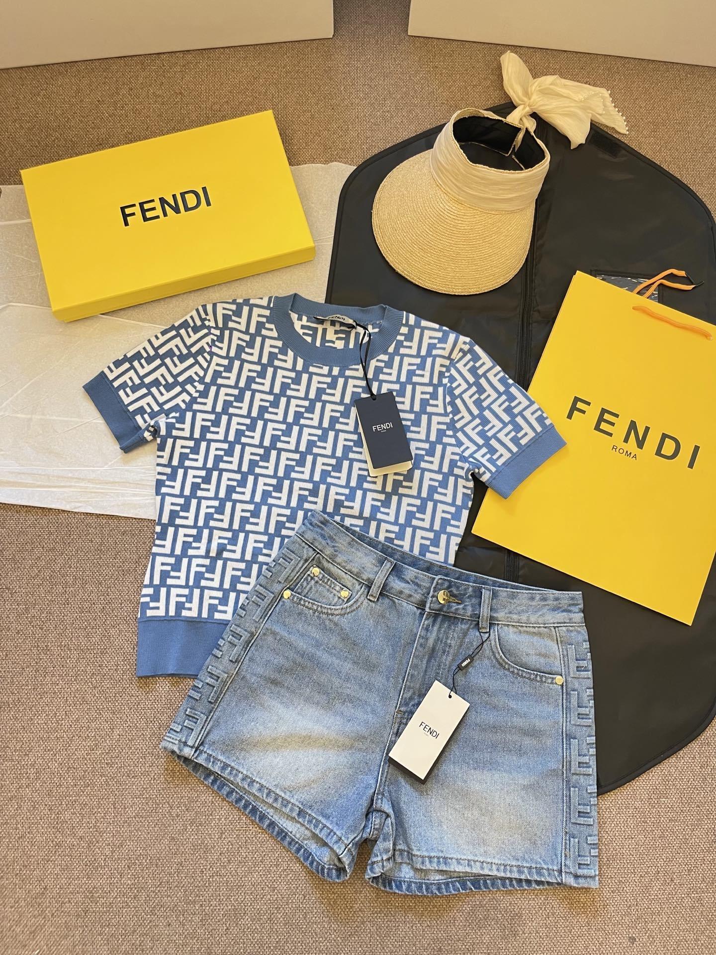 FENDI MONOGRAM KNIT TOP & DENIM SHORT SET
