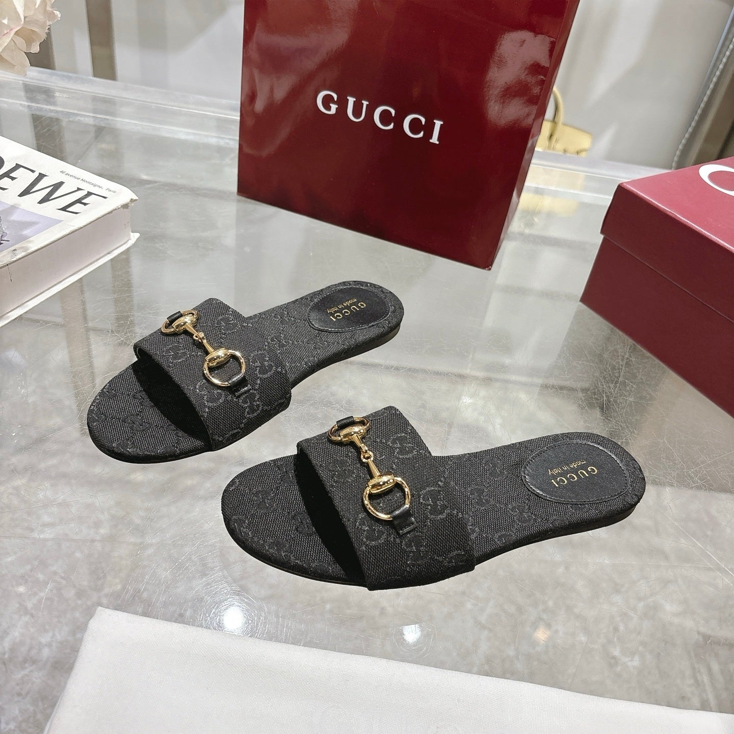 BLACK MONOGRAM METAL DETAIL SLIDE SANDALS